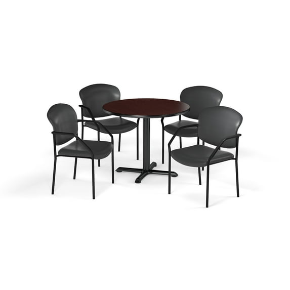 OFM Multi-Use Break Room Package, 42" Round Table with Vinyl Guest Chairs, Mahogany Finish with X-Style Pedestal Base and Wine Seats (PKG-BRK-156)