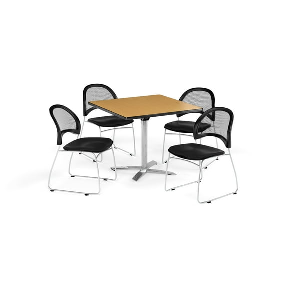 OFM Multi-Use Break Room Package, 42" Square Flip-Top Table with Moon Stack Chairs, Oak Finish with Black Seats (PKG-BRK-172)