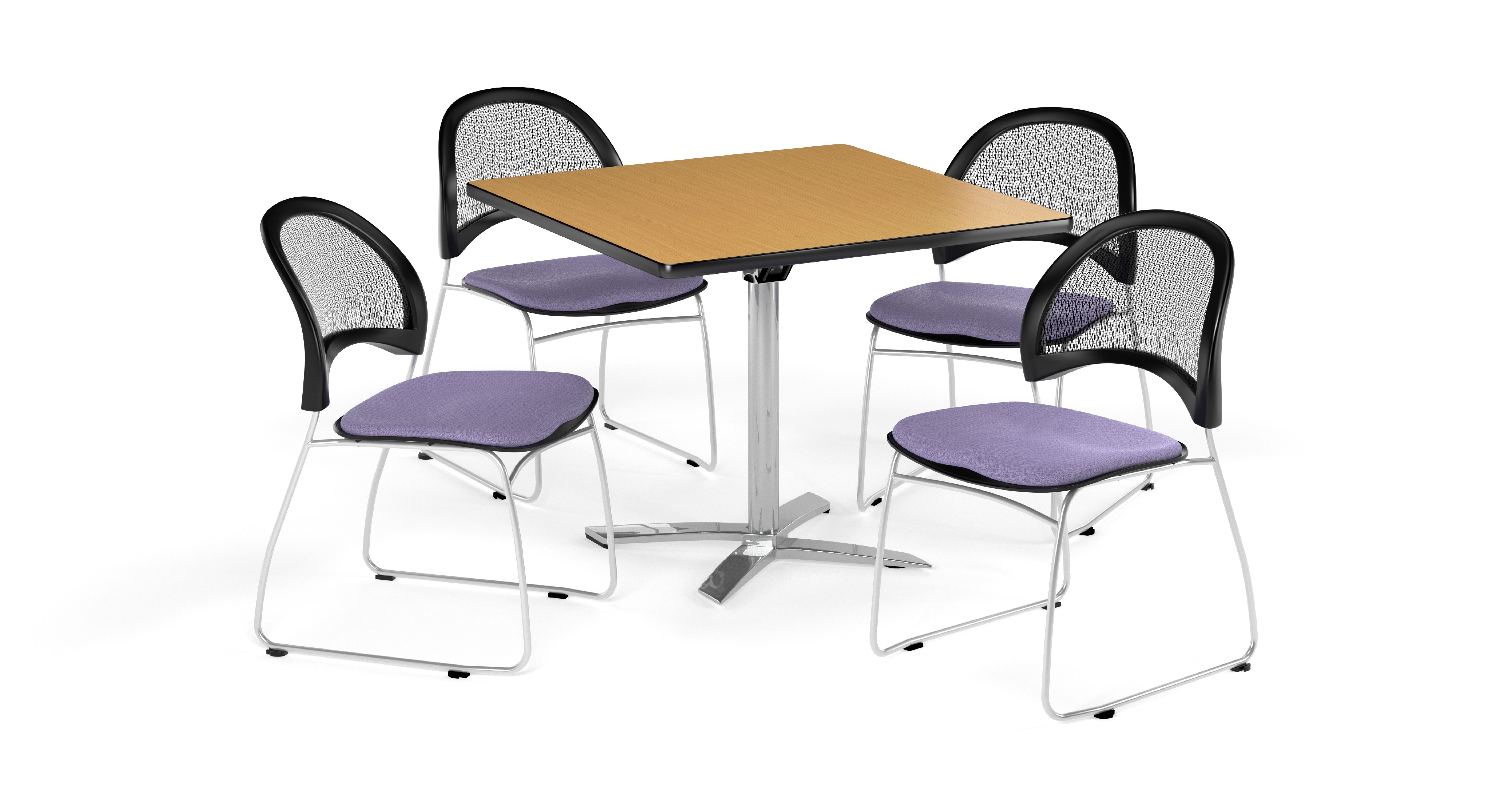 OFM Multi-Use Break Room Package, 42" Square Flip-Top Table with Moon Stack Chairs, Oak Finish with Lavender Seats (PKG-BRK-172)