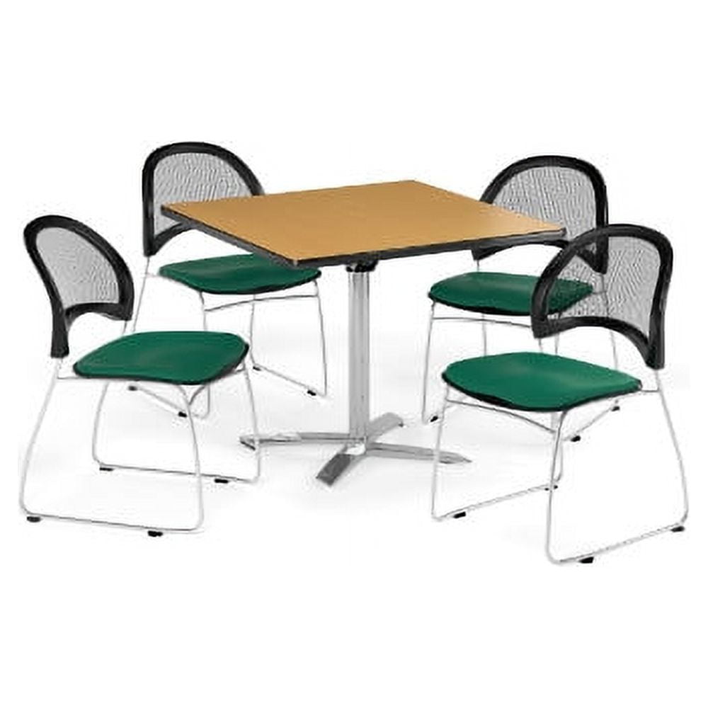OFM Multi-Use Break Room Package, 42" Square Flip-Top Table with Moon Stack Chairs, Oak Finish with Shamrock Green Seats (PKG-BRK-172)