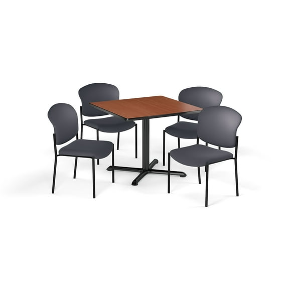 OFM Multi-Use Break Room Package, 42" Square Table with Fabric Guest Chairs, Cherry Finish with X-Style Pedestal Base and Gray Seats (PKG-BRK-163)