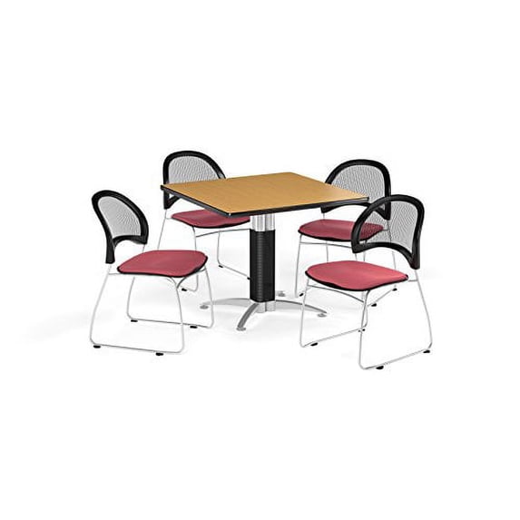 OFM Multi-Use Break Room Package, 42" Square Table with Moon Stack Chairs, Oak Finish with Metal Mesh Base and Coral Pink Seats (PKG-BRK-176)