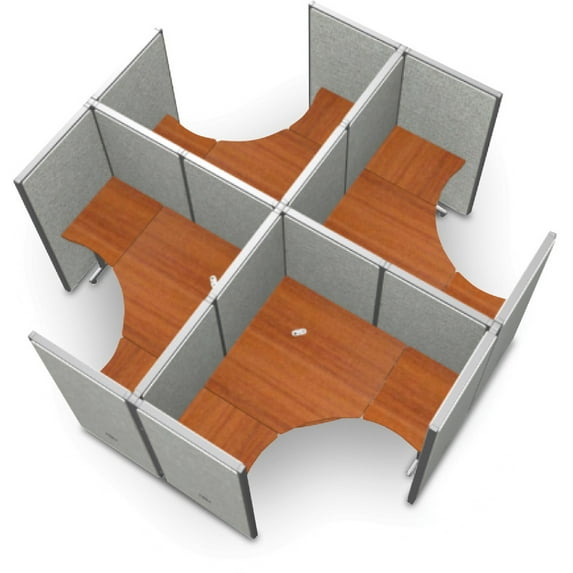 OFM RiZe Series 63" x 60" 4-Unit Full Vinyl Panels Workstation Kit, 2 x 2 Configuration, Gray with Cherry Desk