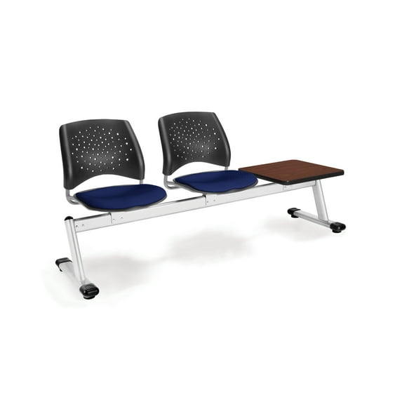 OFM Stars Series Model 323T 3-Unit Beam Seating with 2 Fabric Seats & 1 Table, Navy with Mahogany