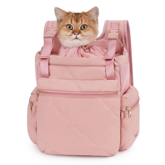 OFY Cat Carrier Puffy Backpack Breathable Small Dog Front Backpack Large Space for Small Dogs, Drawstring & Water-Resisant Pet Bag for Travel Hiking, Lotus Pink Patent Pending C97
