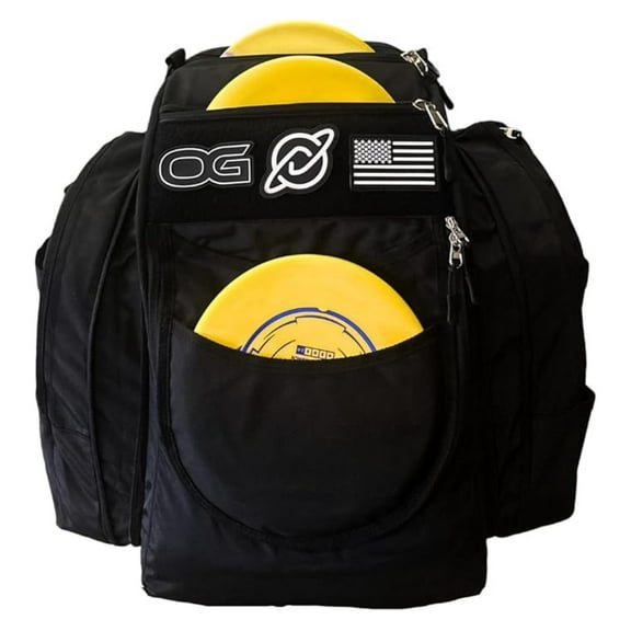 OG Black V3 Disc Golf Bag | 26+ Disc Capacity | Premium Disc Golf Backpack Bag | Design | 2 Large Side Compartments | Three Patches Included