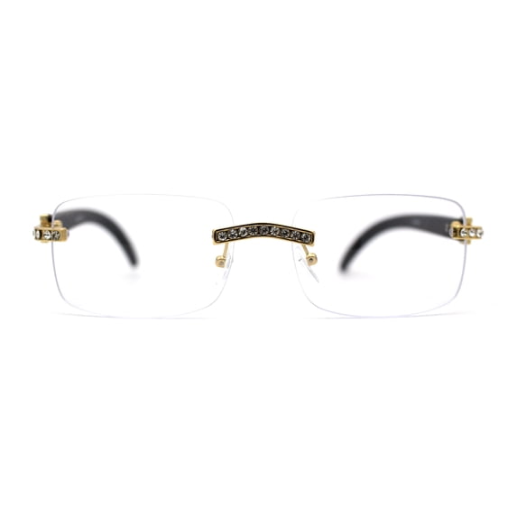 OG Rhinestone Stud Rimless Rectangle 90s Hip Hop Rapper Gold Black Clear Lens Eyeglasses