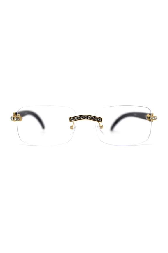 OG Rhinestone Stud Rimless Rectangle 90s Hip Hop Rapper Gold Black Clear Lens Eyeglasses