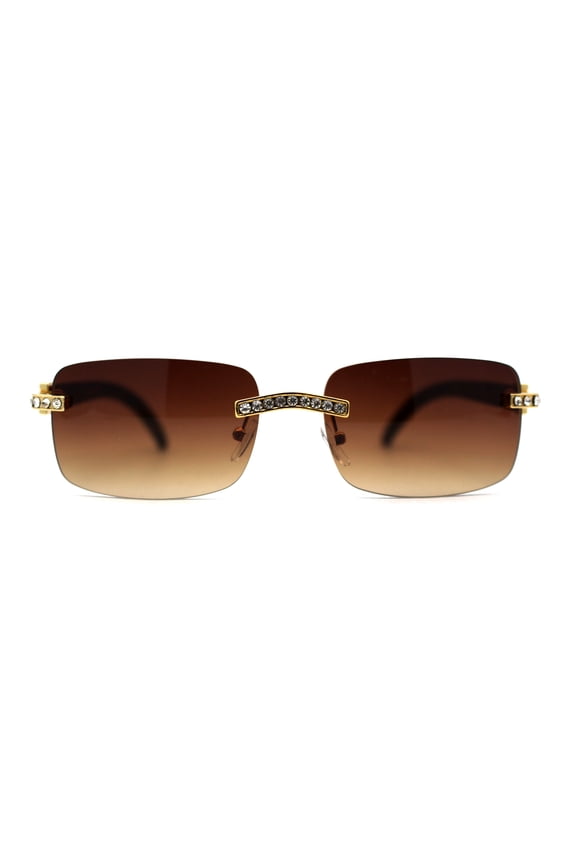 OG Rhinestone Stud Rimless Rectangle 90s Hip Hop Rapper Sunglasses Gold Brown