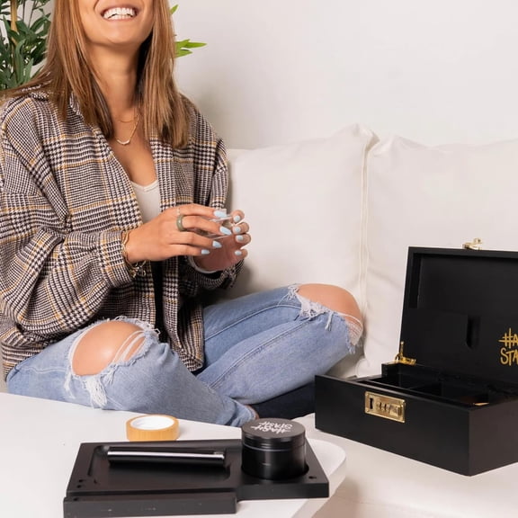 The OG Storage Box - Large  Box with Combination Lock, Magnetic Lid, Organizer Tray, Airtight Tube and 3 Jars - Discreet Decorative Locking Wooden Box with Accessories (Black/Gold)