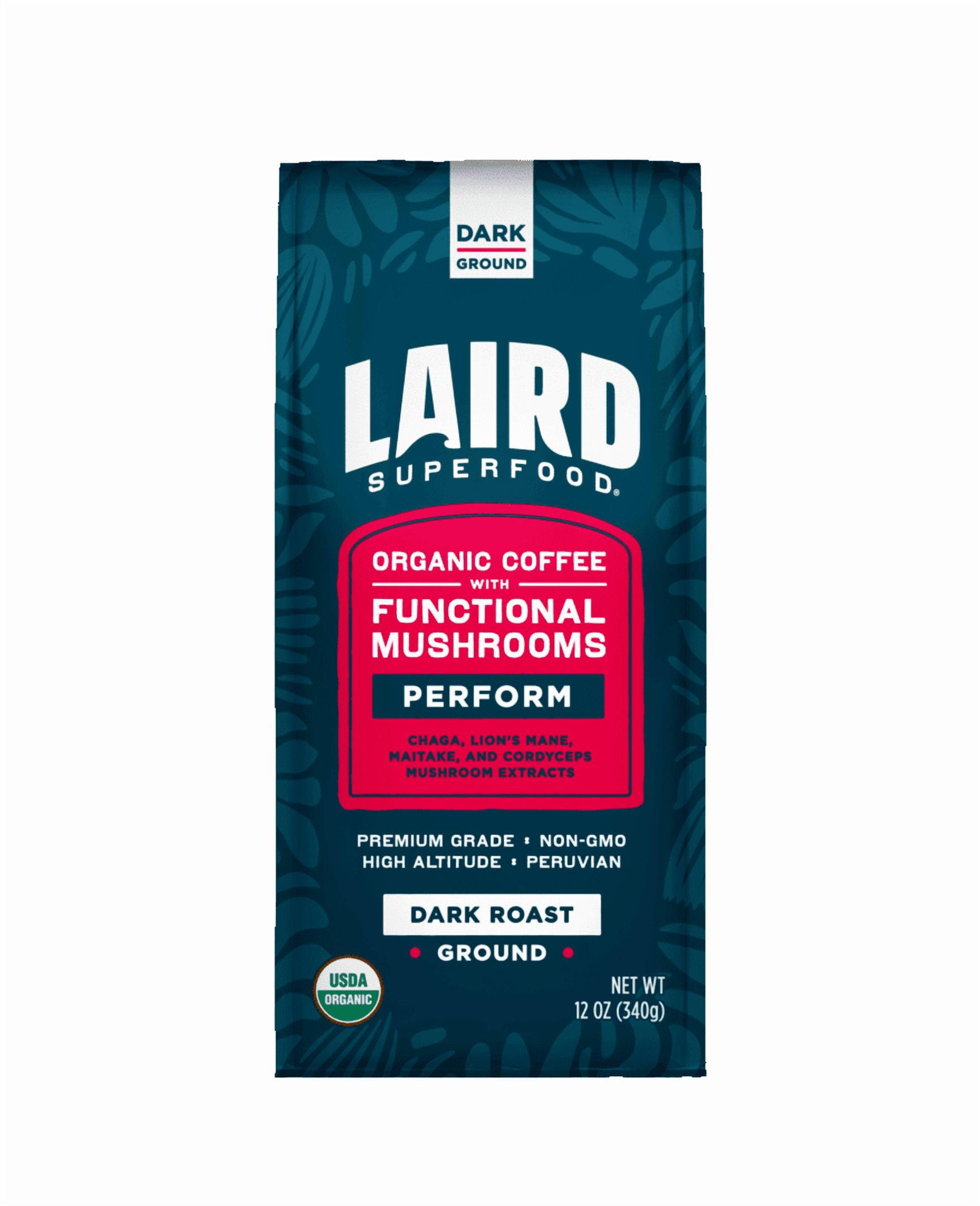 Laird Superfood Peruvian Dark Roast Coffee with Functional Mushrooms, Certified Organic Peruvian Ground Coffee Beans, Gluten-Free, Dairy-Free, Non-GMO, Paleo, Keto Friendly, 12 oz. Bag