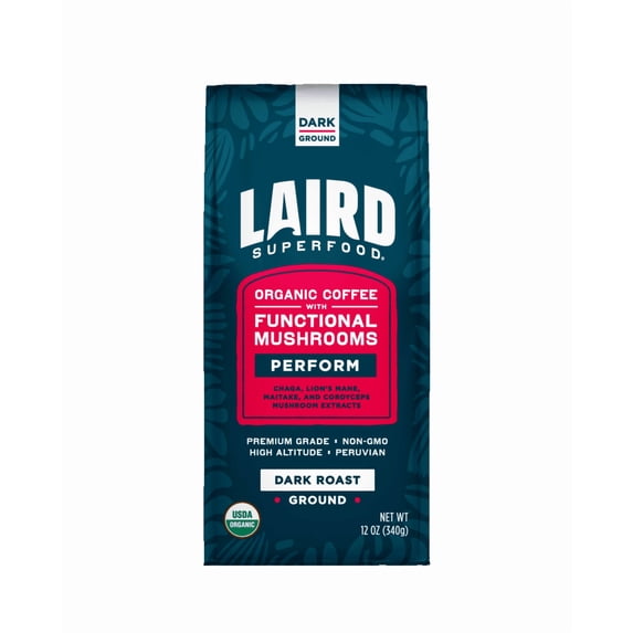 Laird Superfood Peruvian Dark Roast Coffee with Functional Mushrooms, Certified Organic Peruvian Ground Coffee Beans, Gluten-Free, Dairy-Free, Non-GMO, Paleo, Keto Friendly, 12 oz. Bag