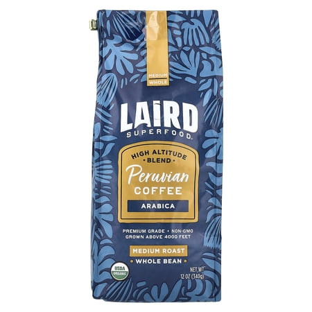 Laird Superfood Peruvian Coffee, Whole Bean, Medium Roast, 12 oz (340 g)