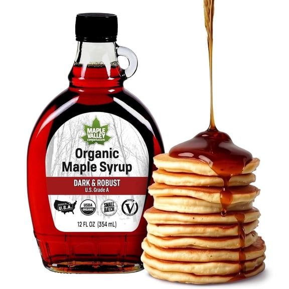 Maple Valley Organic Pure Maple Syrup, Dark & Robust Better Than Pancake Syrup, Use for Coffee or All-Natural Sugar Substitute in Cooking and Baking )(12oz Glass Bottle)