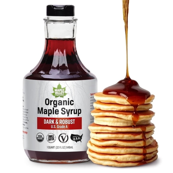 Maple Valley Organic Pure Maple Syrup, Dark & Robust Better Than Pancake Syrup, Use for Coffee or All-Natural Sugar Substitute in Cooking and Baking (32oz Glass Bottle) 