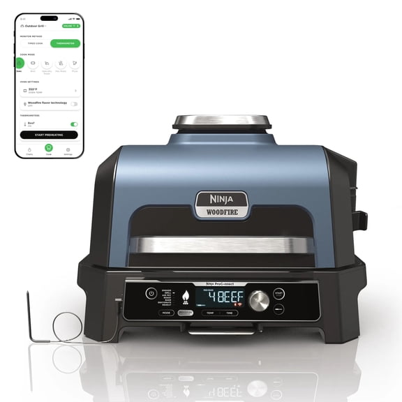 OG951 Woodfire ProConnect Premium XL BBQ Grill, 7-in-1 Electric Outdoor Grill & Smoker, 180 Sq. In. Cooking Area, App Control, Dual Thermometers, Blue
