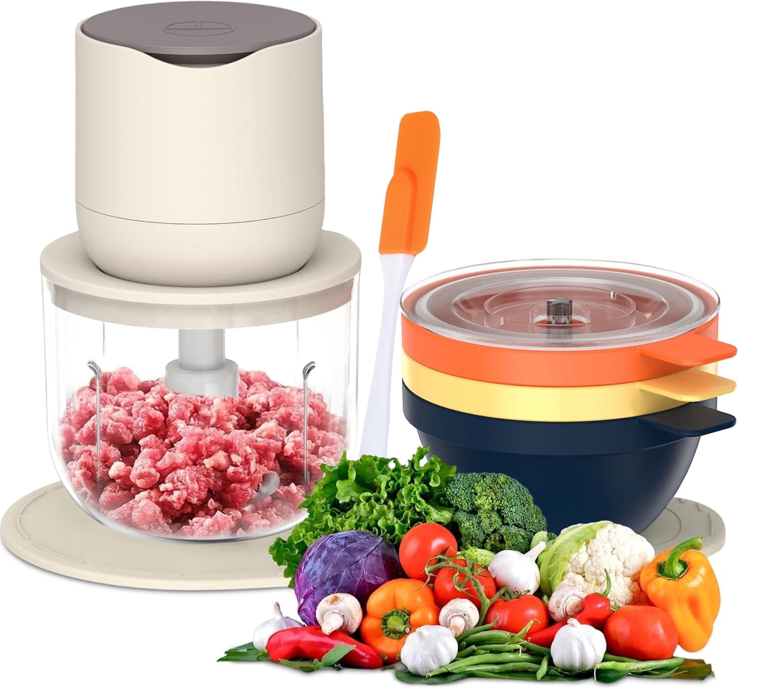 4-in-1 Small Food Processor with Bowl, OGEDNAC Electric Food Chopper, 4 Bowls, Meat Grinder, Small Blender for Baby Food & Vegetables, Beige