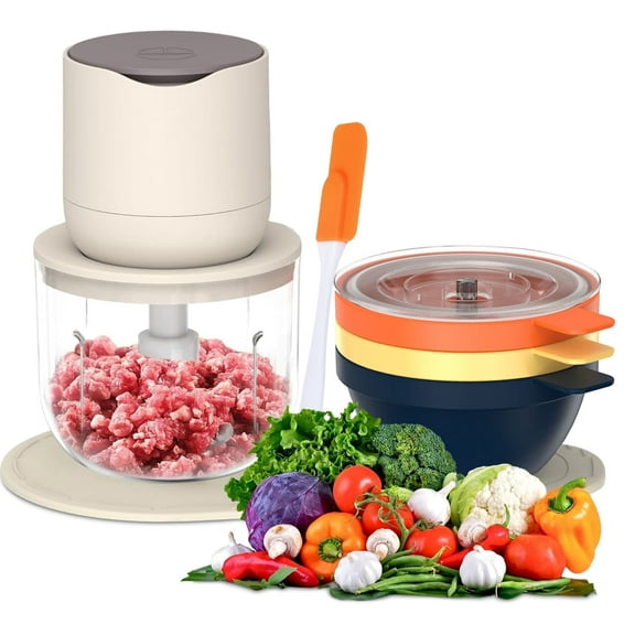 4-in-1 Small Food Processor with Glass Bowl, OGEDNAC Electric Food Chopper, 4 Bowls, Meat Grinder, Small Blender for Baby Food & Vegetables, Beige