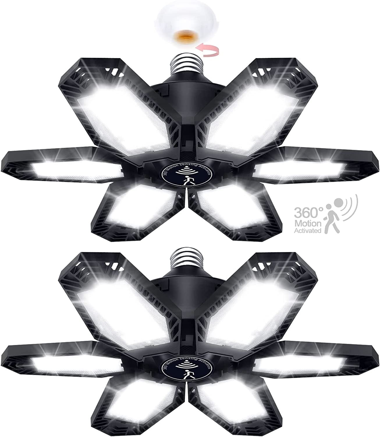 OGEDNAC Motion Sensor Garage Light 2 Pack 150W Deformable LED Garage Lights Sensor Bright Garage Lights Motion Activated LED Shop Light with 6 Adjustable Wings for Garage Basement Attic Shop Workshop
