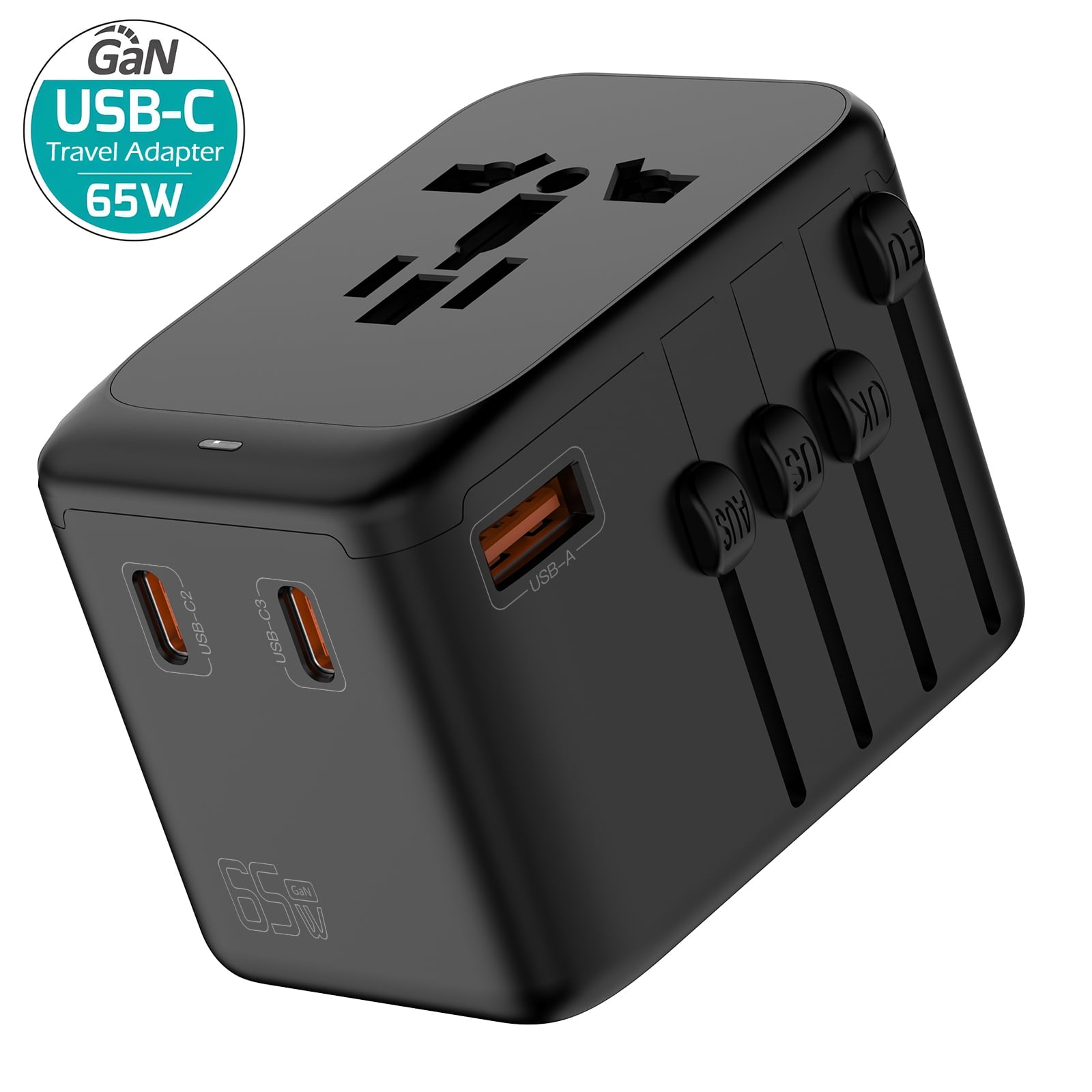 Universal Travel Adapter, OGEDNAC 65W GaN Fast Charger with 3 USB Type C and 1 USB-A, International Plug Adapter, Black