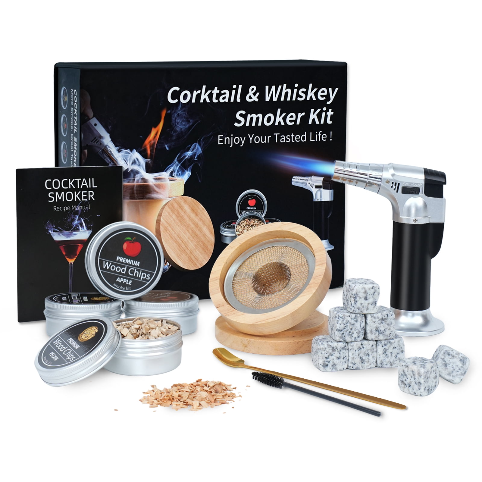 Whiskey Cocktail Smoker Kit, Ogednac Old Fashioned Smoker Kit with Torch, 4 Flavors Wood Chips, Groomsmen Wedding Gifts for Bourbon lovers, Drink