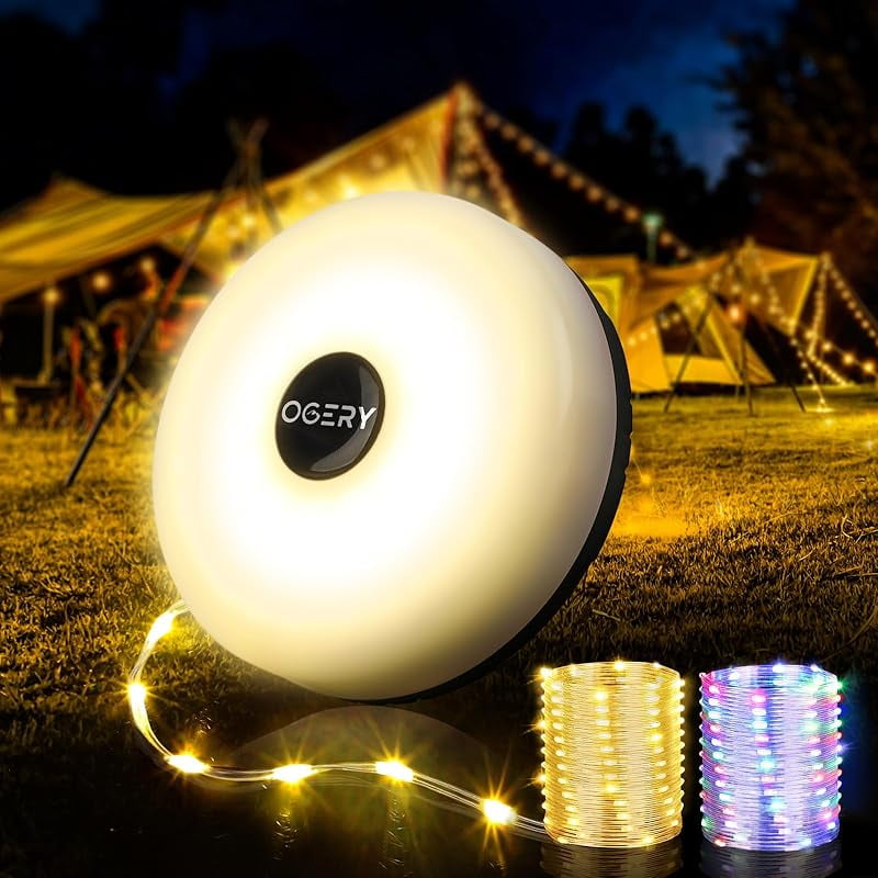 OGERY 2-Pack Camping String Lights, 4 in 1 Quick Storage 32.8FT Rechargeable Tent Lights String with 8 Lighting Modes, Hanging Waterproof Portable LED Lamp for Outdoor Patio Awning Party Essentials