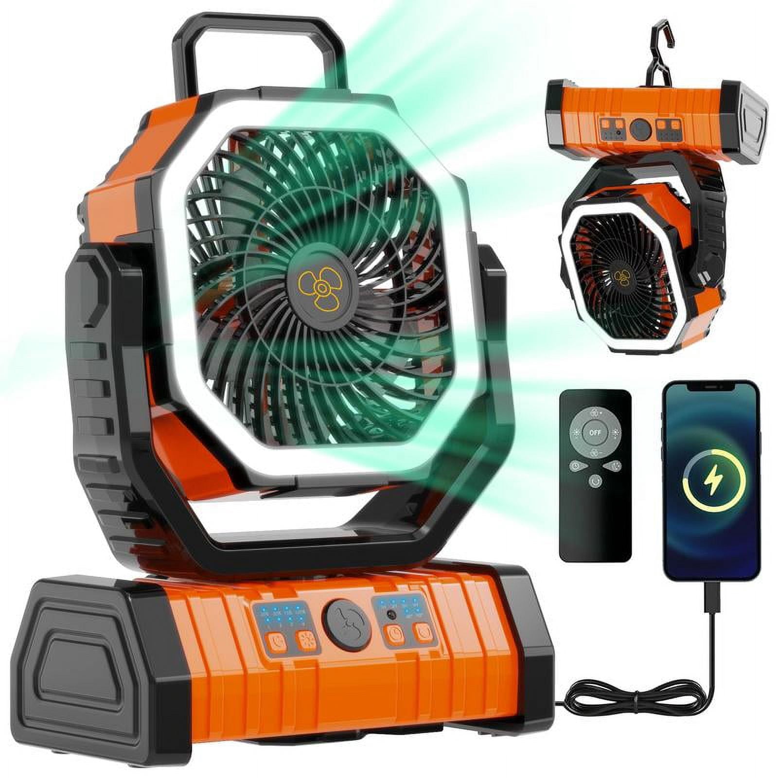 20000mAh Rechargeable Camping Fan with LED Light, Portable Multi-functional Fan with 360° Rotating Hook, Oscillating Emergency Camping Fan