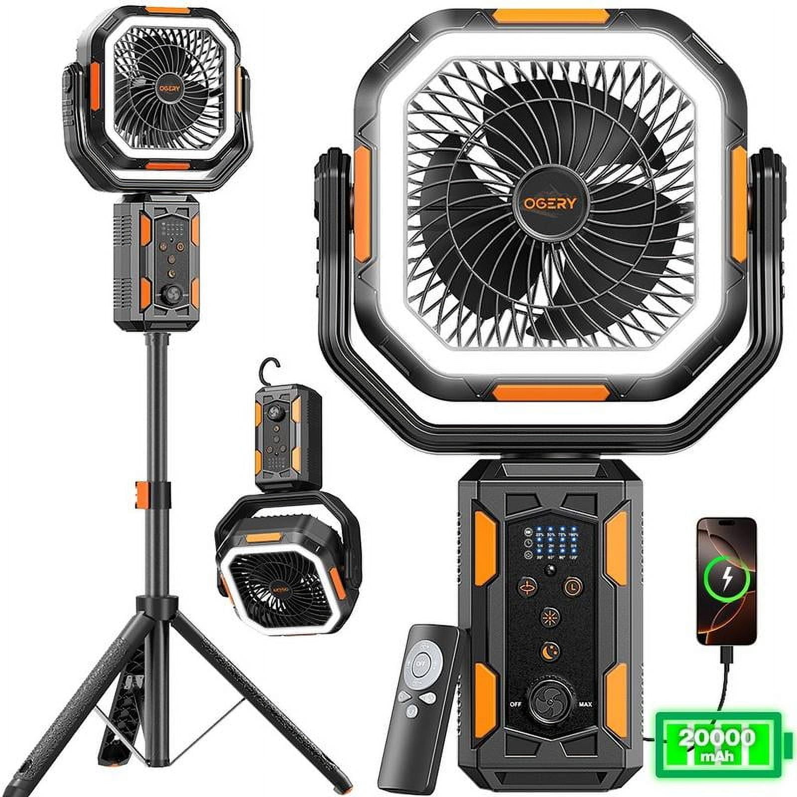 Camping Fan with Detachable Tripod,20000mAh Rechargeable Fan with LED Lights & 270° Pivot,4 in 1 Cordless Camping Fan,Remote Control Shaking Head Desk Fan for Camping Tent Travel Bedroom Portable
