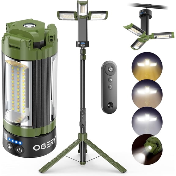 OGERY Camping Lights with Remote, 10000mAh Rechargeable Work Light with 3 LED Lamp Heads & Emergency Flashlight, Telescopic Stand up to 6.0 ft,