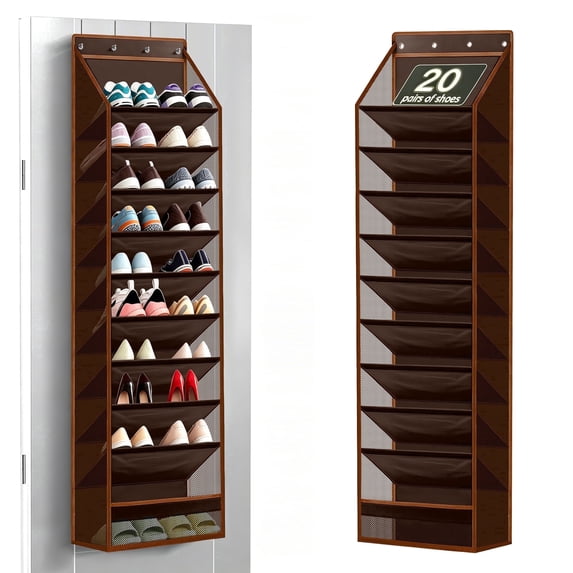 OGGDUJW 10-Tier Over the Door Shoe Organizer, Hanging Shoe Rack for Closet with Deep Pockets, Holds 20+ Pairs of Sneakers, Boots & Heels, Dark Brown