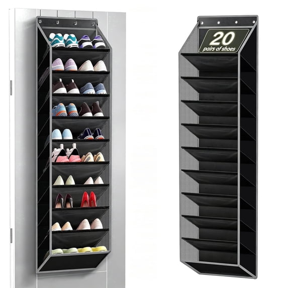 OGGDUJW 10-Tier Over the Door Shoe Organizer, Hanging Shoe Rack for Closet with Deep Pockets, Holds 20+ Pairs of Sneakers, Boots & Heels, Black