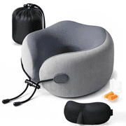OGGDUJW Travel Neck Pillow with 100% Memory Foam, Cooling & Breathable Washable Cover, Travel Pillows for Airplanes, with Eye Mask, Earplugs & Bag (Grey)