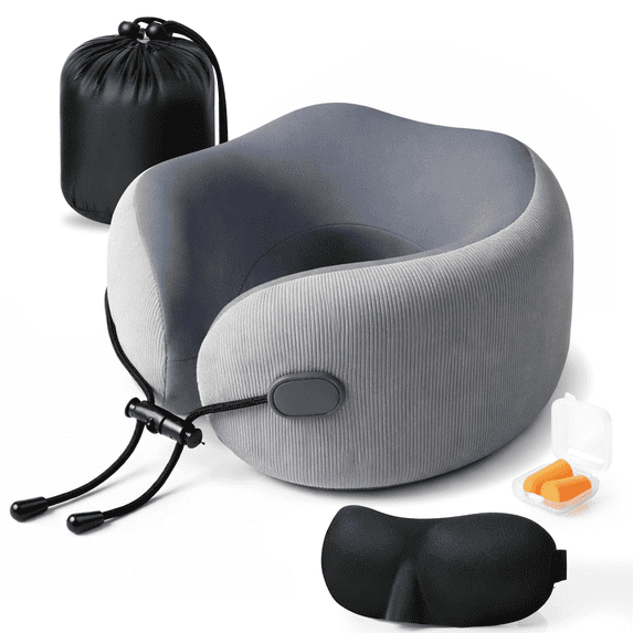 OGGDUJW Travel Neck Pillow with 100% Memory Foam, Cooling & Breathable Washable Cover, Travel Pillows for Airplanes, with Eye Mask, Earplugs & Bag (Grey)
