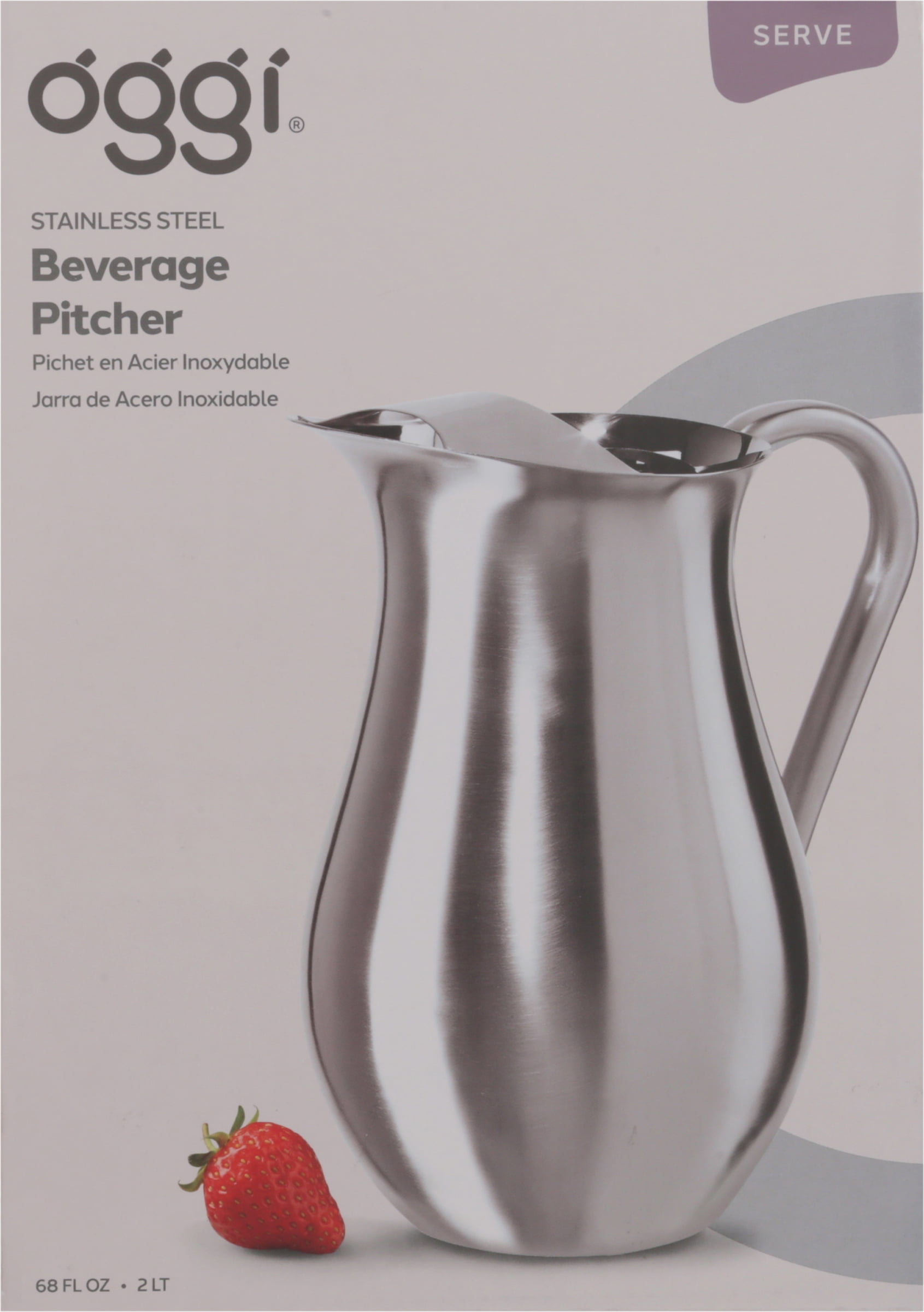 68 oz Silver Stainless Steel Beverage Pitcher with Ice Guard