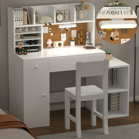 OGKBIR White Wooden Kids Study Desk and Chair Set, Childrens Desk with Light, 2 Drawers, 4 Storage Cabinets and 4 Storage Open Shelves, Boys & Girls Study Desk for Bedroom and Kidsroom