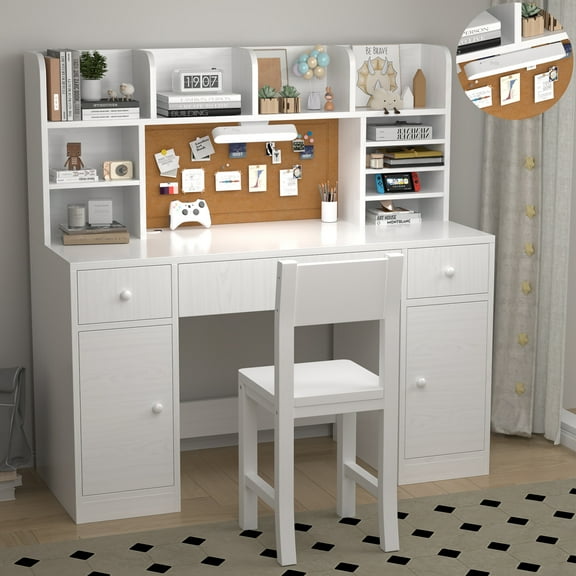 OGKBIR White Wooden Kids Study Desk and Chair Set, Childrens Desk with Light, 3 Drawers, 4 Storage Cabinets and 4 Storage Open Shelves, Boys & Girls Study Desk for Bedroom and Kidsroom