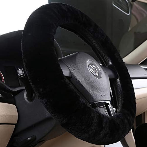 OGLAND Soft Fluffy Sheepskin Car Steering Wheel Cover for Universal Auto Vehicle Women Man 14 1/2 inch-15 1/2inch Fuzzy Accessories Whole sheepskin Black