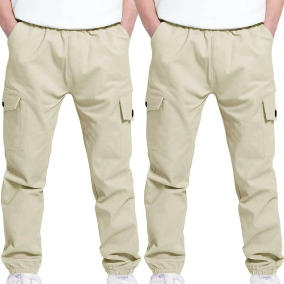 OGLCCG 2 Pack Boys Cargo Pants Elastic Waist Casual School Joggers Pants for Kids Solid Color Baggy Sweatpants with Pockets 4-13 Years