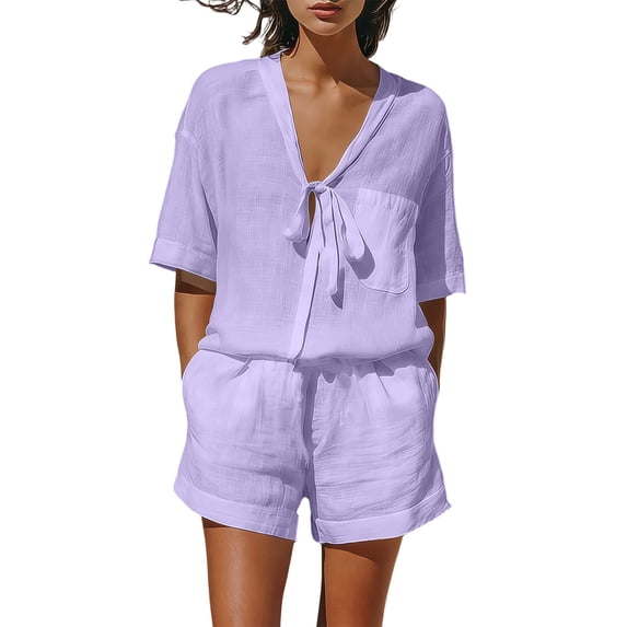 OGLCCG 2 Piece Cotton Linen Sets for Women V Neck Short Sleeve Tops and Wide Leg Shorts Summer Casual Beach Outfits with Pockets,S