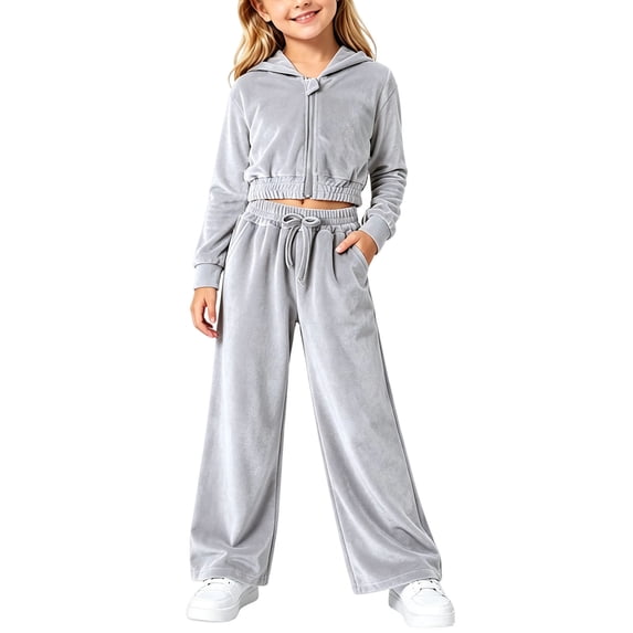 OGLCCG 2 Piece Outfits for Girls Kids Fall Velour Tracksuit Set Zip up Cropped Hoodies Jacket with Baggy Sweat Pants(Gray,3-4 Years)