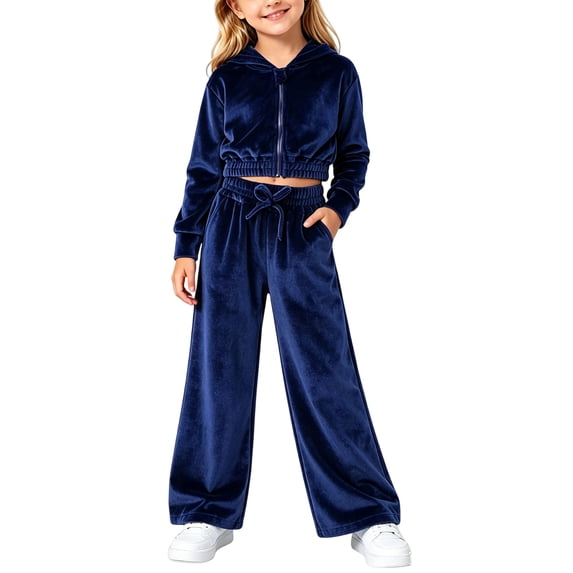OGLCCG 2 Piece Outfits for Girls Kids Fall Velour Tracksuit Set Zip up Cropped Hoodies Jacket with Baggy Sweat Pants(Navy,5-6 Years)