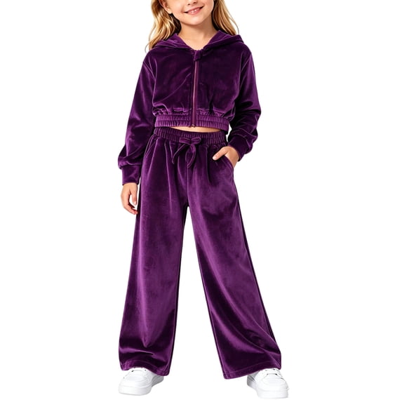 OGLCCG 2 Piece Outfits for Girls Kids Fall Velour Tracksuit Set Zip up Cropped Hoodies Jacket with Baggy Sweat Pants(Purple,12-13Years)