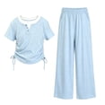 thumbnail image 1 of OGLCCG 2 Piece Outfits for Girls Matching Summer Lounge Set Side Ruching V Neck Henley Shirts and Wide Leg Pants with Pockets 5-15 Years, 1 of 5