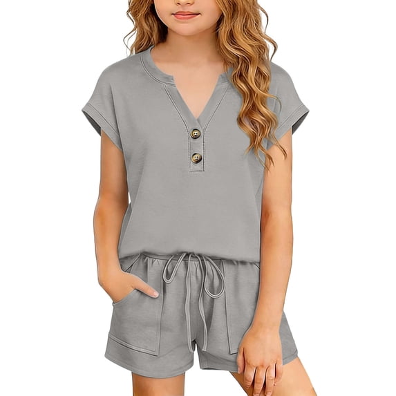OGLCCG 2 Piece Outfits for Girls Summer Short Sleeve V Neck Henley Tops and Shorts Set Matching Vacation Beach Lounge Sets 4-14 Years