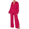 thumbnail image 1 of OGLCCG 2 Piece Outfits for Women Wide Leg Pants Sets Casual Long Sleeve Button Down Shirt Loungewear Solid Color Streetwear Sets, 1 of 1