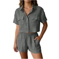 thumbnail image 1 of OGLCCG 2 Piece Summer Outfits for Women Cotton Linen Button Down Short Sleeve Shirt Top and Shorts Casual Travel Lounge Sets with Pockets,S,Gray, 1 of 7