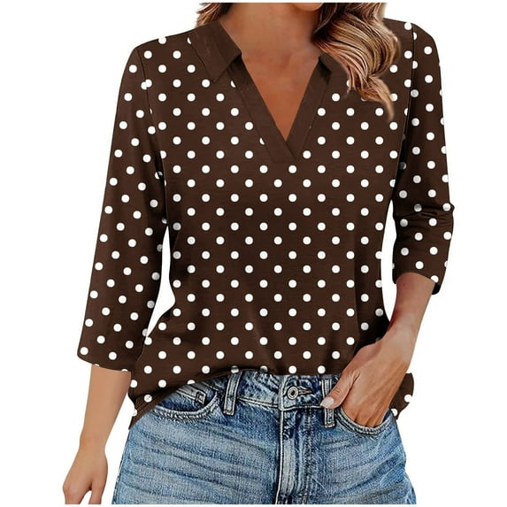 OGLCCG 3/4 Length Sleeve Womens Tops Collared V Neck Polka Dot Graphic Tees Shirts Three Quarter Length Dressy Tunic Blouses