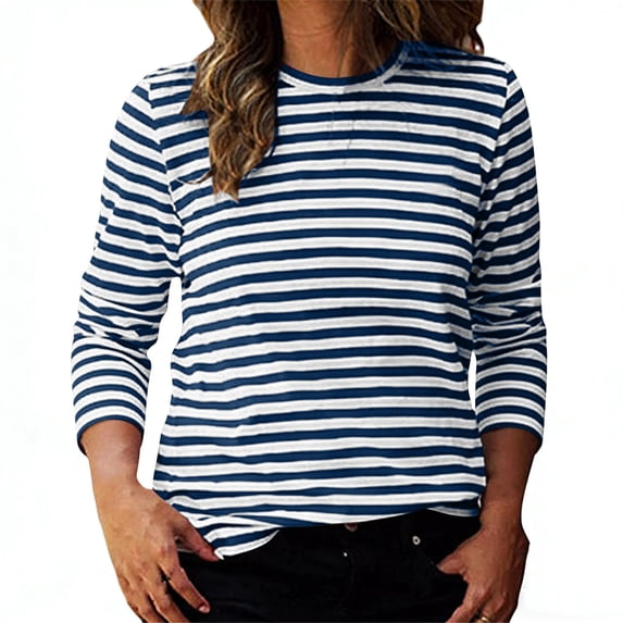OGLCCG 3/4 Length Sleeve Womens Tops Striped Printed Round Neck Cute Tunic Tops Loose Fit Basic Pullover Tees Blouses for Spring Summer,M,Blue