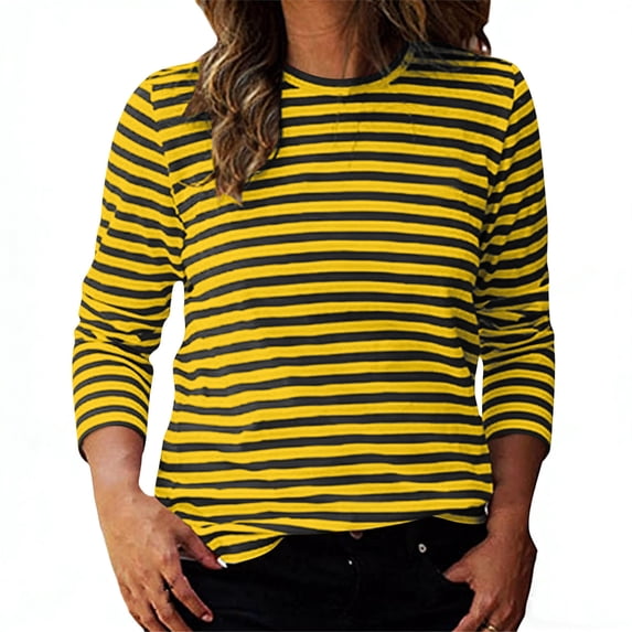 OGLCCG 3/4 Length Sleeve Womens Tops Striped Printed Round Neck Cute Tunic Tops Loose Fit Basic Pullover Tees Blouses for Spring Summer,S,Yellow 1