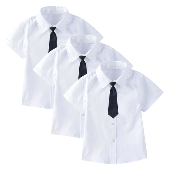 OGLCCG 3 Pack Boys Button Down Shirts with Tie and Pocket Short Sleeve Collared Shirts Casual Back to School Uniform Shirts Tops 2-15 Years